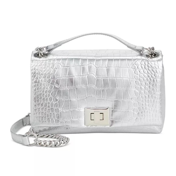 Silver Croc Embossed‎ Crossbody Bag Chain Strap Evening Party Small - Picture 1 of 11